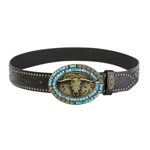 Ceinture en cuir de cowboy occidental boucle crâne de taureau turquoise vintage bohème chic