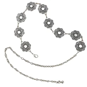 Chaîne de taille en métal à fleurs sculptées argentées vintage pour femmes style ethnique