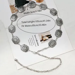 Cadena de cintura de metal plateado vintage para mujer, cinturón decorativo retro ajustable.