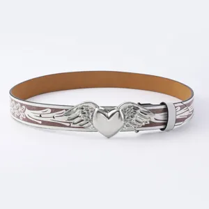 Cinturón de cuero PU con hebilla de corazón de ángel vintage retro y patrones florales tallados