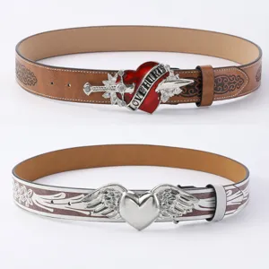 Cinturón de Cuero PU Estilo Western Vintage Mujer Moda Hebilla de Corazón Grabada Punk Gótico Love Hurts Accesorio de Correa Decorativa