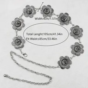 Cadena de cintura de metal plateado vintage para mujer, cinturón vestido floral 105cm