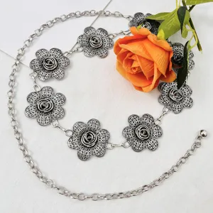 Cadena de cintura de metal plateado vintage para mujeres, joyería corporal floral retro