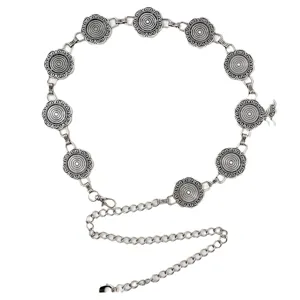 Cadena de cintura de metal plateado vintage para mujer, cinturon de vestido con flor etnica.