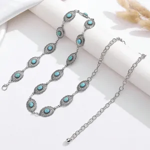 Chaine de taille en metal boheme retro avec pierres turquoise et chaine de reglage.