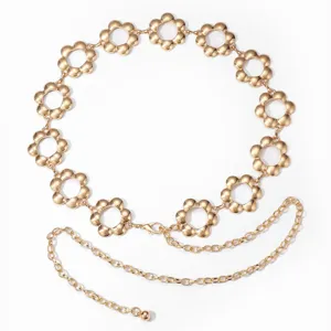 Cinturón de cadena de flores de metal dorado para mujer, accesorio de cintura elegante.