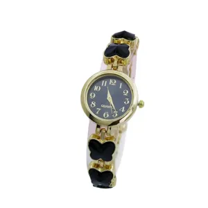 Women fashion quartz watch with butterfly bracelet strap round dial luxury gold timepiece
