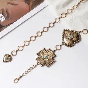 Chaîne de taille en métal style bohème vintage avec pendentif cœur et croix turquoise.