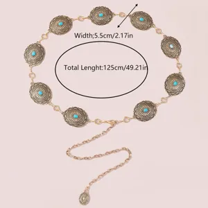 Chaîne de taille en métal bohème rétro avec décor turquoise, longueur 125cm, ceinture chic.