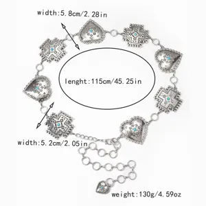 Chaîne de taille vintage en métal bohème avec pendentifs croix et turquoise, réglable.