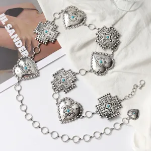 Chaîne de Taille en Métal Vintage Bohème Avec Pendentif Croix Cœur Incrustation Turquoise Synthétique Bijoux de Corps Ajustables pour Femmes