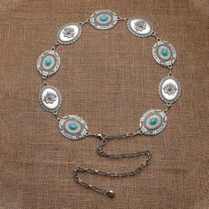 Détail de chaîne de taille turquoise vintage, superbes médaillons floraux sculptés en métal.