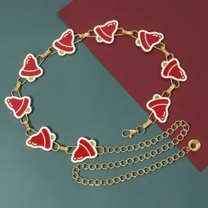 Cadena de cintura con campana navideña para mujer, cinturón de eslabones de metal dorado.