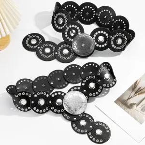 Cinturón de Cuero PU de Vaquero Vintage Americano para Mujer Cinturón de Corsé de Empalme de Anillo Hueco Con Hebilla de Aleación Tallada Accesorios de Cintura de Estilo Étnico Retro