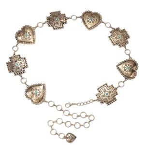 Chaîne de taille en métal vintage bohème avec pendentifs croix cœur turquoise pour femme.