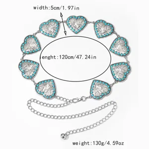 Cadena de cintura de corazón plateada retro con detalles turquesa, 120 cm de largo y 5 cm.