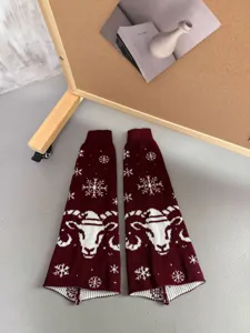 Wine red winter knitted leg warmers with snowflake and ram head patterns, cozy JK style cute socks.