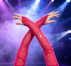 Rote Strass Netz Armstulpen lange glitzernde Handschuhe fuer Abendparty und Auftritt