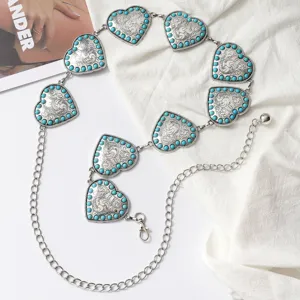 Elegante cadena de cintura de metal grabado con corazón turquesa vintage étnico mujer