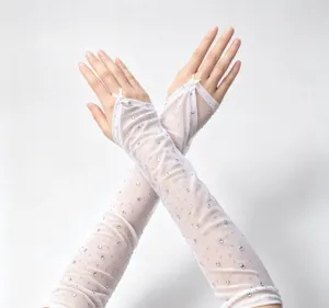 Glitzernde Strass Netz Armstulpen weiße fingerlose Sonnenschutz Handschuhe für Party Abend.