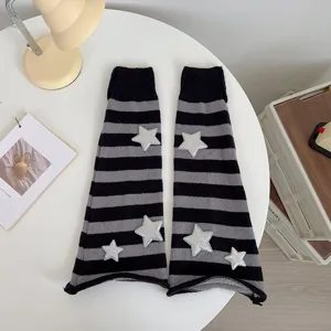 Y2K Schwarz Grau Gestreifte Stern Strick Beinstulpen Herbst Winter Slouch Socken