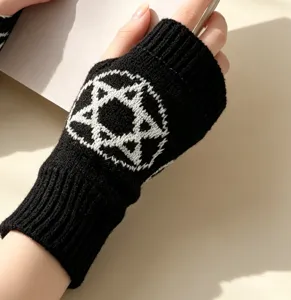 Guanti senza dita in maglia pentagramma inverno caldi stile gotico Lolita JK nero manicotti