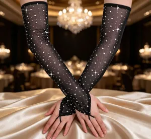 Schwarze Strass-Netz-Armstulpen lange glitzernde Handschuhe für Abendparty und Sonnenschutz.