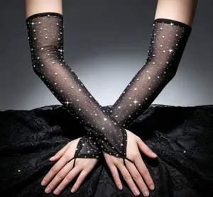Schwarze Strass-Langarm-Netzärmel, glitzernde Kristall-Netz-Fingerlose Handschuhe für Damen.