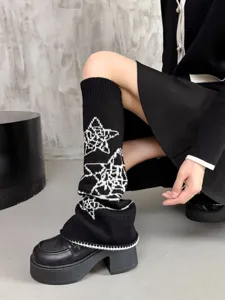 Y2K Strick Stulpen schwarz weiss Stern Muster warme lange Socken Damen Winter Mode Bekleidung