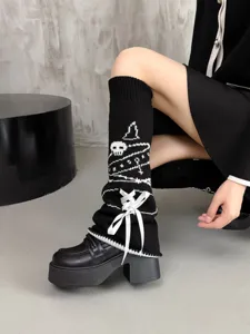 Black knitted leg warmers for women with white bow and skull pattern gothic style soft