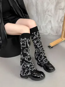 Black and white cat pattern knitted leg warmers slouch socks cozy winter daily wear