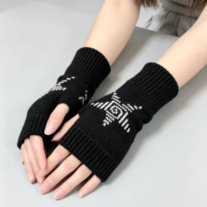 Gants tricotés sans doigts noirs sous-culture pentagramme chauffe-bras style JK esthétique