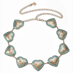 Cadena de cintura de corazon de metal dorado retro con cuentas turquesas para vestidos.
