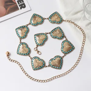 Cadena de Cintura de Metal de Corazón Vintage Étnico para Mujer Patrón Tallado Cinturón de Cadena de Strass Sexy Joyería