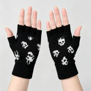 Gants en Tricot à Demi-doigts Tête de Mort d'Halloween Gothiques Chauds d'Hiver en Acrylique Mitaines sans Doigts pour Hommes Femmes Fête