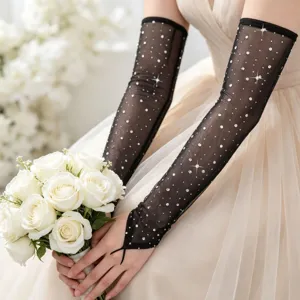 Lange schwarze Mesh Strass Ärmel für Damen, elegante Abendparty Braut Handschuhe.