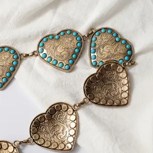 Cadena de cintura de corazón de metal vintage con cuentas turquesas, detalle étnico.