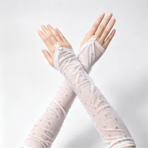 Weiße Strass Netz Armstulpen UV Schutz transparente Handschuhe für Abendparty elegante Mode