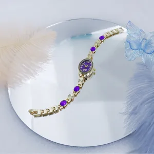 Reloj de cuarzo para mujer esfera ovalada morada pulsera de cadena dorada elegante
