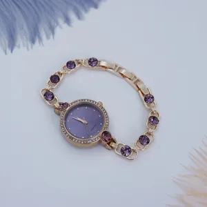 Reloj de cuarzo elegante para mujer con cristales morados pulsera dorada accesorio moda