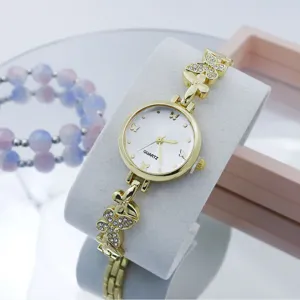 Gouden quartz horloge met strass vlinder armband, elegante dameshorloge details