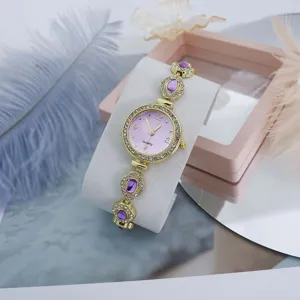 Dames quartz horloge paarse wijzerplaat strass gouden armband luxe mode cadeau