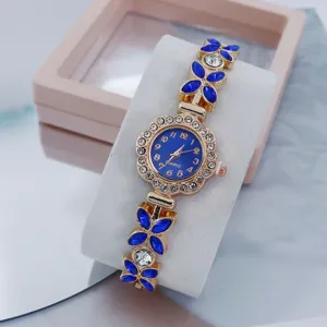 Women fashion quartz watch with sparkling rhinestones blue flower bracelet design elegant luxury