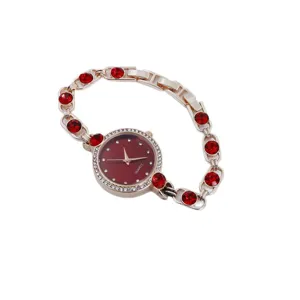 Reloj de cuarzo para mujer elegante con esfera roja y pulsera de diamantes de imitación.
