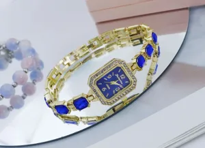 Luxus Damen Quarzuhr mit quadratischem blauem Zifferblatt, Strass und Schmucksteinarmband.