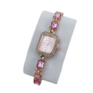 Luxus quadratische Damen Quarzurmuhr mit funkelnden Strasssteinen und rosa Kristallarmband.