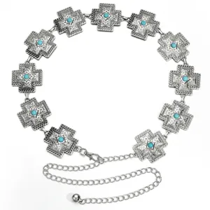 Vintage zilveren kruis tailleketting met turkoois detail, boheemse metalen riem detail.