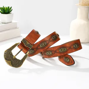 Vintage western carved buckle brown PU leather belt for women boho style dress waist band