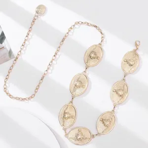 Ceinture chaîne en métal doré avec pendentifs ovales tête de taureau pour femmes, accessoire rétro.