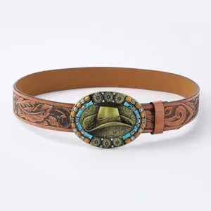 Ceinture en cuir PU style cowboy occidental avec boucle ovale vintage chapeau, style bohème gaufré
